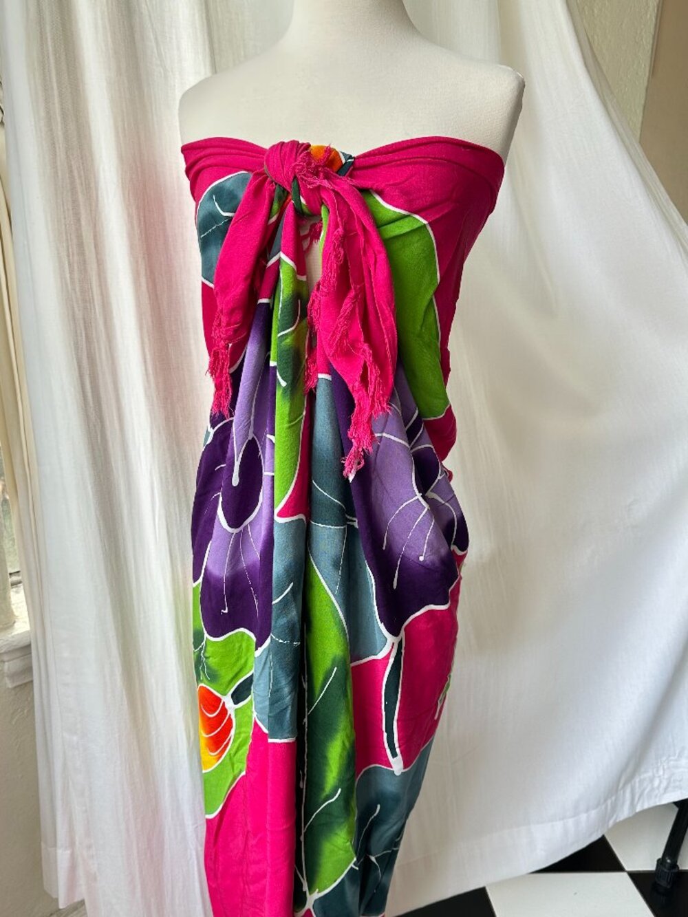 Colorful Floral Viscose Pareo Sarong Wrap Scarf 60x45 Pink Green Purple Fringe